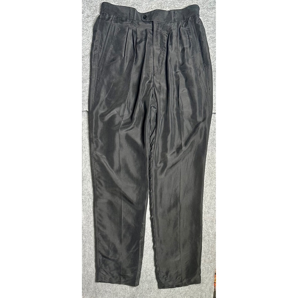 Vintage Genelli Women Black 100% Silk Pleated High Rise Straight Leg Pants Sz  M